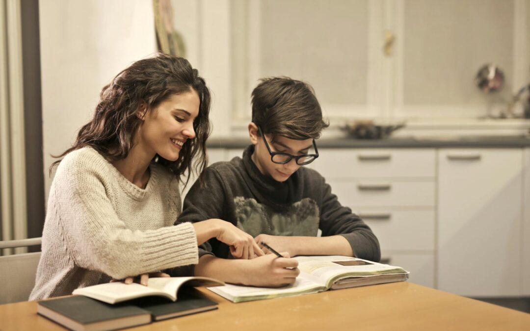 elder sister and brother studying at home